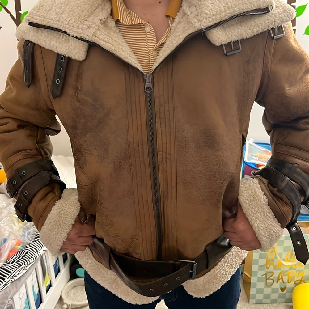 Zara Men's Brown Shearling Leather Jacket - Picture 8 of 9